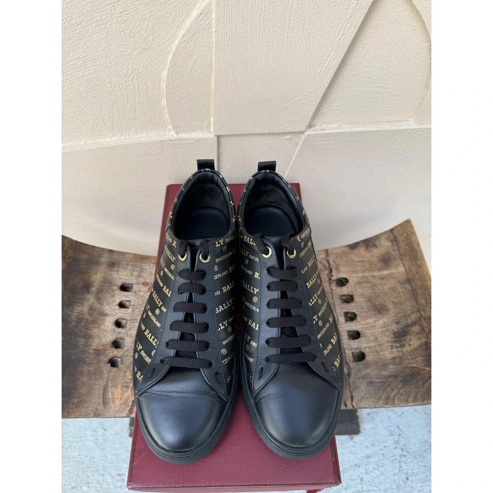 Bally Helmer Metallic Gold Logo All Over Print Leather Low Top Sneaker‎ Shoes 8D